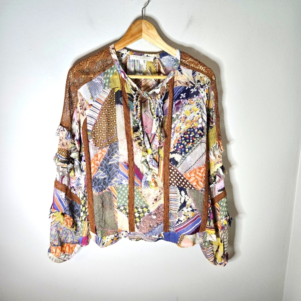 Burning Torch Silk Patchwork Blouse Long Puff Sle… - image 1
